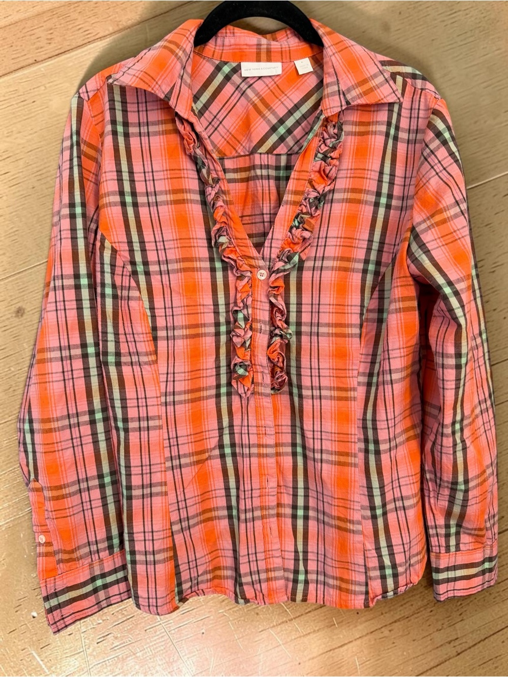 New York & Company Ruffle Plaid Flannel Shirt L Pink Orange Mint Cotton
